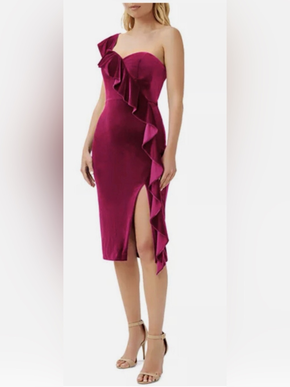 NWOT: Aidan Mattox One-Shoulder Ruffle Midi Dress in Magenta